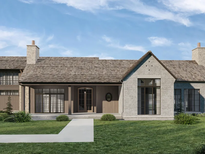 Stone house with shingle roof and gabled dormers, rendered in 3D