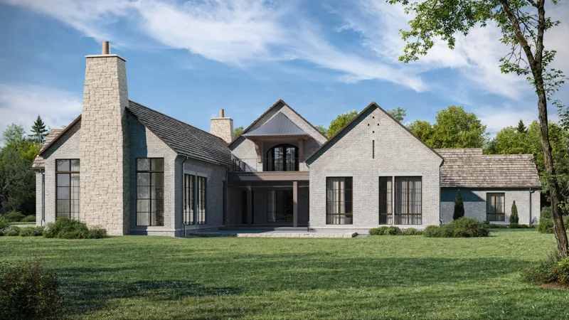 Stone house with a shingle roof and standing seam metal porch roof, rendered in 3D